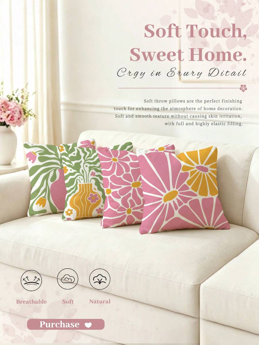 shangxia 4PCS-Ins Macaron Pink & Green Abstract Floral Print Pillow Covers, Minimalist Hand-Painted Vase & Daisy Color-Block Cushion Covers, Fresh Girl Pastoral Atmosphere Soft Decor Essential - (Pillow Insert Not Included) - (Printed) - (No Embroidery)