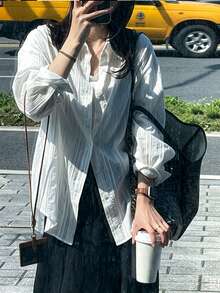 Women's White Knit Long Sleeve Shirt, Vertical Striped Blouse, Spring/Summer Casual Long Sleeve Sun Protection Top Jacket - White - View 4