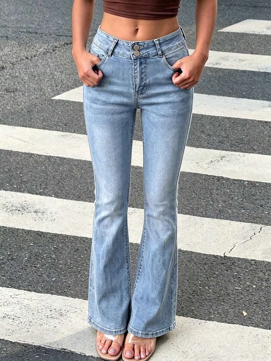 優雅寬腰帶鈕扣前襟修身低腰水洗牛仔褲 休閒極簡百搭女款牛仔褲 秋季 - 淺色水洗藍 - 查看 1