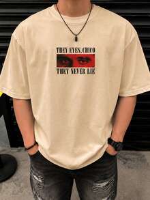 Fractyr 男士雙面印花寬鬆T恤，「Their Eyes Young Men, They Never Lie」紅色眼睛圖案短袖圓領上衣，復古街頭風休閒上衣，柔軟舒適，適合城市生活與電影迷 - 杏色 - 查看 3