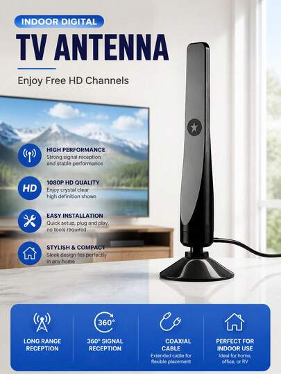 TV Antenna For Smart TV Indoor, Digital Indoor TV Antenna For Local Channels Long Range Reception TV Antenna Indoor With 360° Signal Strongest Booster, Easy Installation Antennas Digital HDTV Antenna