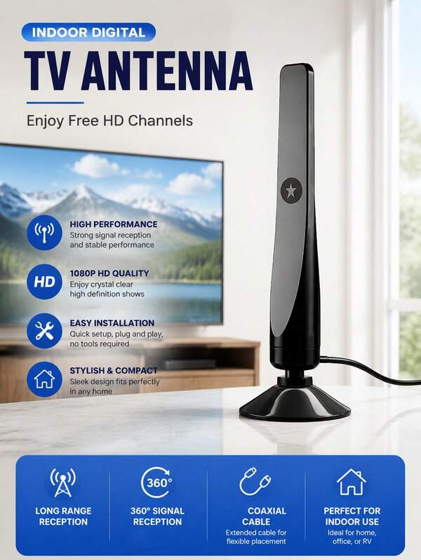 Akıllı TV için iç mekan dijital TV anteni, yerel kanallar için uzun menzilli alım, 360° sinyal ve en güçlü güçlendirici özellikli, kolay kurulumlu dijital HDTV anteni
