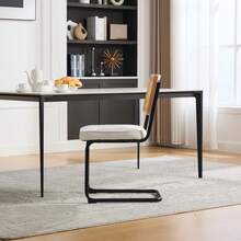 Retro-Style Rattan Dining Chair Set (2 Pieces) / Rattan Backrest Dining Chair / Chenille Seat Cushion / With Black Metal Frame / Suitable For Kitchen, Living Room And Bedroom - Ivory - View 8