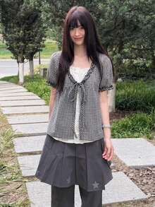 YCYC 韓式百搭女款短袖 2 合 1 荷葉領襯衫上衣 黑色 夏季 - 黑色 - 查看 3