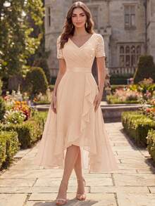 MIUSOL V-Neck Sequin Lace Patchwork Chiffon Ruffle Hem Elegant Ball Party Full Skirt, Suitable For Wedding Guests, Dinner Summer - Champagne - View 5