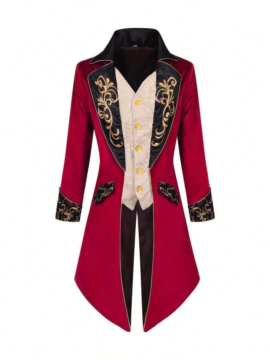 歐美男士蒸汽龐克中世紀刺繡燕尾服外套,萬聖節舞台表演服裝 - 紅色 - 查看 1