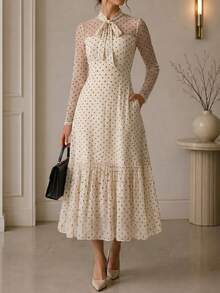 Rok Panjang Sedang dengan Leher Bulat dan Lengan Mengembang, Gaun Lengan Panjang Model A-Line Berenda Elegan dengan Motif Polkadot, Pakaian Sehari-hari yang Lembut untuk Wanita di Musim Semi dan Gugur. - Aprikot - View 4