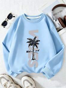 Big Boys "Vibes" Letter & Coconut Tree Print Crew Neck Sweatshirt & Pants Set, Fashionable & Comfortable New Style For Autumn/Winter - Multicolor - View 4