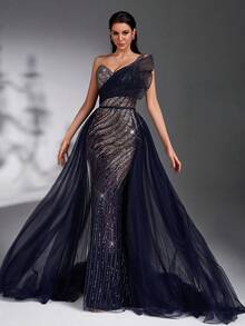 IBTRLY Elegant One-Shoulder Contrast Color Sequin Beaded Patchwork Mesh Train Formal Evening Gown For Banquet, Party, Ball (Heavy Workmanship) Wedding Fall - Blue Purple - View 6
