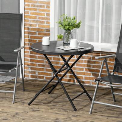 Round Folding Garden Table For 4 People, Ø80 Cm, Wood Look, Dark Grey, Ideal For Balcony And Terrace.
