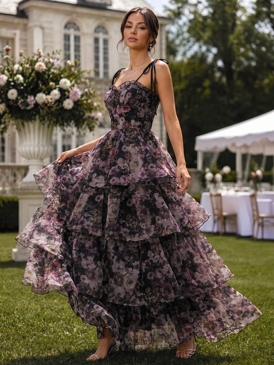 Perirose Women's Purple Romantic Cottagecore Floral Print Tie Spaghetti Strap Multi Layered Tiered Ruffle Maxi Dress Summer Fall Wedding Guest Vacation Party - Black - View 1