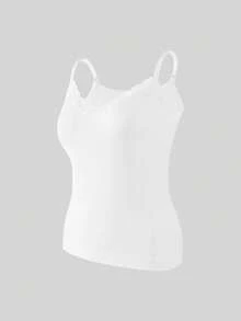 1pc Lace Patchwork Ribbed Tank Top, Solid Color Shaping Camisole, Suitable For Casual And Formal Wear - White - View 6