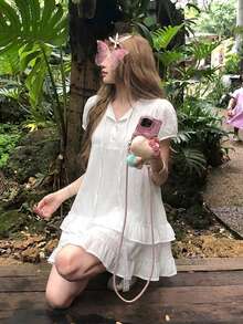 Gaun Mini Musim Panas Manis dengan Hiasan Ruffle dan Tali Leher untuk Wanita Bertubuh Mungil, Warna Putih Elegan - Putih - View 2