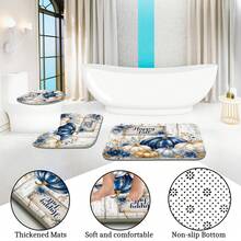 1pc/4pcs Blue White Gold Pumpkin Flower Pattern Multi-Function Bathroom Decor Shower Curtain Set, Free 12 Hooks, Premium Holiday Atmosphere, Bathroom Mat, U-Shaped Rug And Round Toilet Lid Cover, Suitable For All Scenes, Bathroom Set - Pumpkin Flowers - View 8