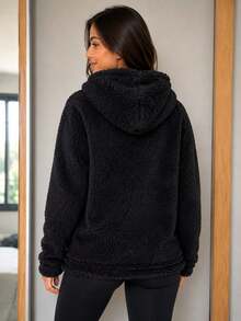 Women's Faux Fur Hooded Zipper Jacket - Black - View 3
