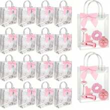 20pcs Transparent Plastic Gift Bags With Satin Bows, Approx. 15*13*7cm (5.9*5.1*2.8in), Reusable. Suitable For Weddings, Birthday Parties, Baby Showers, Bridal Showers, Party Favors, Table Decor, Gift Wrapping, Adult Parties, Bachelorette Parties, Bridesmaid Gifts, And Wedding Guest Favors - Pink Ribbon Transparent Bag - View 5