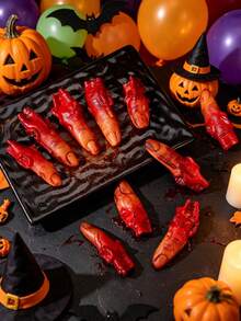 5 piezas de dedos falsos realistas con sangre, accesorios de decoración de Halloween con tono de piel y detalles sangrientos, adecuados para casas embrujadas, fiestas, bromas de fiesta y decoración de terror, Halloween - A - Ver 3