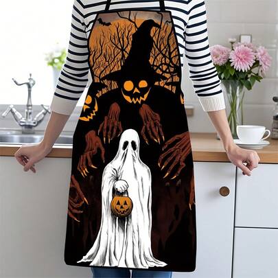 1pc Halloween Apron - Autumn Harvest Pumpkin & Bat Pattern Kitchen Apron, Lightweight Cooking Apron, Suitable For Halloween Dinner, Autumn Party And Daily Use - Easy To Clean Home Decor