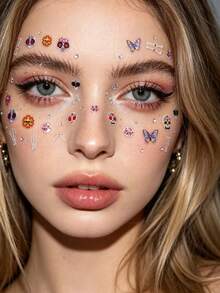 2pcs Mexican Day Of The Dead Colorful Skull Floral Bone Face Makeup Stickers, Waterproof No-Water Exotic Style Party Stage Eye Makeup Decorative Stickers With Flower And Bone Pattern, Music Festival Vintage Personalized Disposable Cheek Styling Stickers - Multicolor - View 2