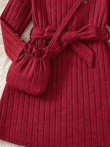 Girls' Fashion Flutter Sleeve Belted Button Long Sleeve Dress - Red - View 5