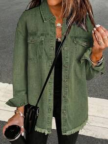 Chaqueta vaquera de manga larga de uso casual y versátil para todas las estaciones, primavera - Verde militar - Ver 3