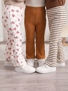 3pcs Baby Girl Autumn All-Match Set, Coffee & Apricot Striped & Floral Flared Pants, 3-Piece Set, Elastic Waist Design, Comfortable Fit, Minimalist Solid Color Style, Practical & Versatile, Baby Flared Pants, Fashionable Daily Wear, Infant Outdoor & Vacation Outfit - Multicolor - View 2