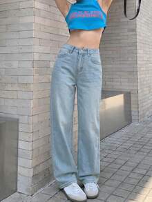 女款寬鬆直筒藍色牛仔褲，九分長休閒秋季款 - 淺藍色 - 查看 4