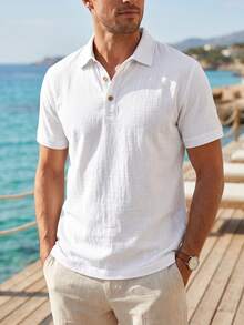 Men's Summer British Style Loose Fit Breathable Linen Polo Shirt, Casual Solid Color Button-Up Vacation Lapel Short Sleeve Lightweight Luxury - White - View 4
