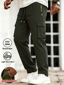 Men's Casual Outdoor Long Pants With Zipper Pockets, Cargo Pants With Fashionable Large Patch Pockets, Drawstring Elastic Waist Sports Fall - Army Green - View 2