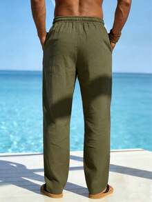 Men's Spring/Summer Lightweight Casual Long Pants, Minimalist Solid Color Pocket Drawstring Pants, Comfortable Loose Linen Long Pants 2 Pieces - Green - View 5