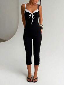 Women's Front Tie Casual Contrast Color Jumpsuit, Summer Black Elegant - Black - View 3