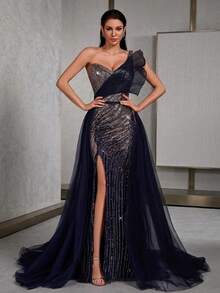 IBTRLY Elegant One-Shoulder Contrast Color Sequin Beaded Patchwork Mesh Train Formal Evening Gown For Banquet, Party, Ball (Heavy Workmanship) Wedding Fall - Blue Purple - View 5