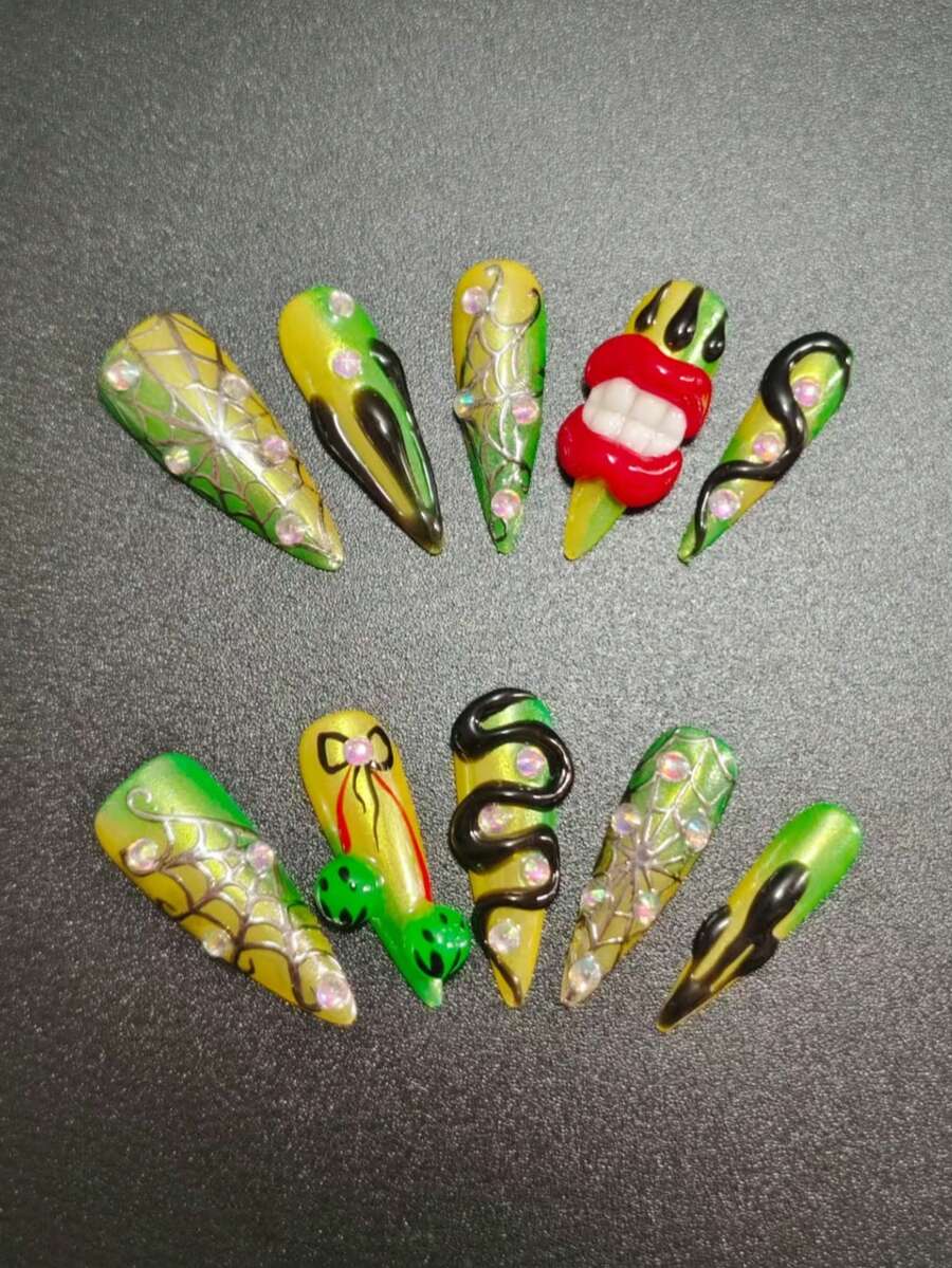 纖細尖頭手工壓克力假指甲，蜘蛛網水鑽雷射鏡面粉設計時尚美甲貼，3種尺寸含工具，可重複使用美甲禮品套組，適合日常、派對與宴會 - 彩色 - 查看 1