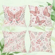 shangxia 4PCS- Bean Paste Pink Gentle Butterfly Branch & Leaf Print Pillowcase, Low Saturation Soft Pink Floral Leaf Heart Pattern Cushion Cover, Living Room French Cream Soft Decor Pillow- (Pillow Insert Not Included) - (Printed) - (No Embroidery) - Multicolor - View 13