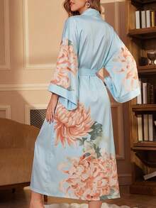 Bata larga suelta con lazo de estilo retro elegante y lujoso, ropa de estar en casa informal y ligera, cubridor de bikini para la playa de verano, kimono cubridor, chaqueta protectora solar - Celeste - Ver 4