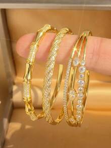18K Gold Plated Bamboo Knot Twisted Multi-Zirconia Stackable Bracelet Set, Fade-Resistant Adjustable Gold Bracelet, Elegant Women's Jewelry, Suitable For Daily Wear And Wedding - Multicolor - View 1