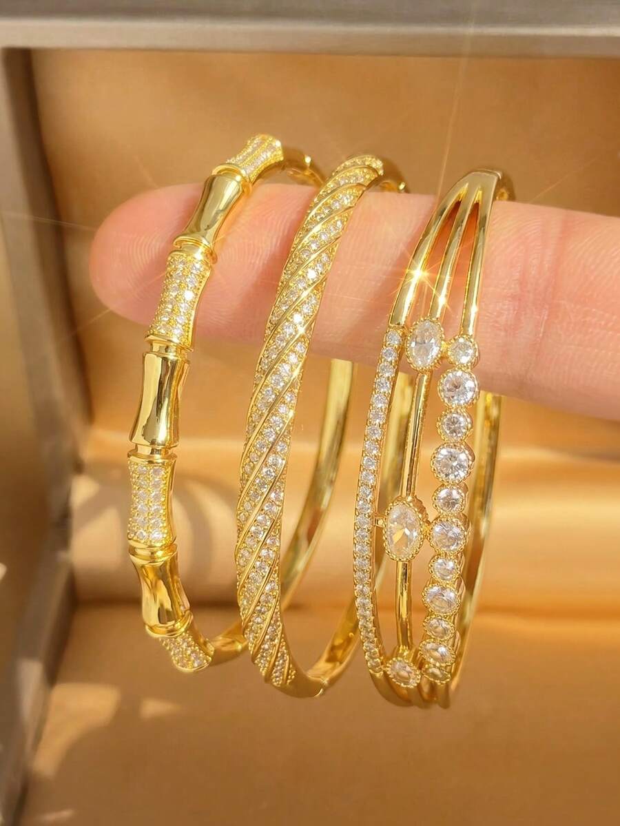 18K Gold Plated Bamboo Knot Twisted Multi-Zirconia Stackable Bracelet Set, Fade-Resistant Adjustable Gold Bracelet, Elegant Women's Jewelry, Suitable For Daily Wear And Wedding - Multicolor - View 1
