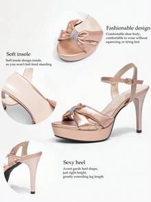 Women's Elegant Champagne Satin Stiletto High Heel Sandals With Waterproof Platform, Open Toe + Rhinestone Bow Ankle Strap Buckle Design, Suitable For Weddings, Parties, Commuting, Office, Summer Daily Wear - Champagne - View 8
