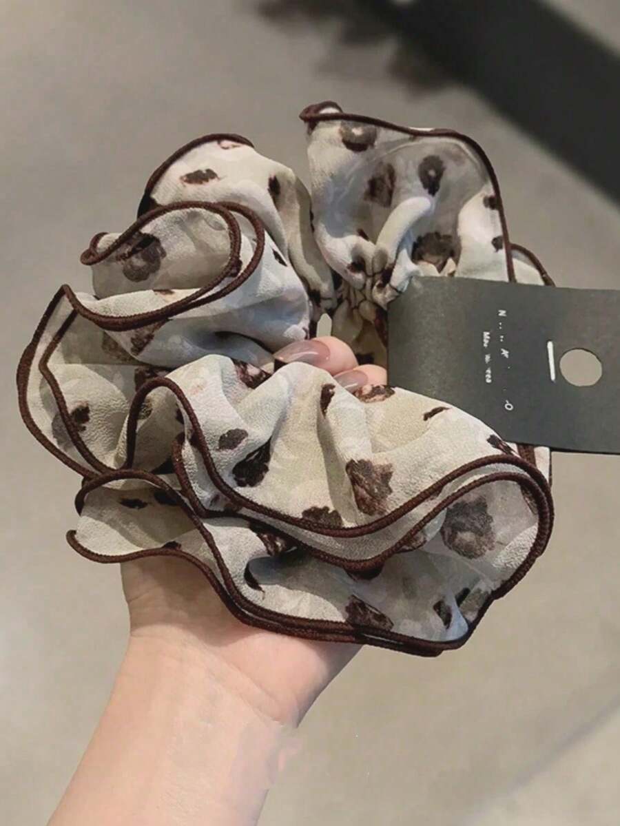 1pc Vintage Delicate High-End Korean Multi-Layer Chiffon Printed Ruffle Elastic Hair Scrunchie Beauty Home Hair Accessories Hair Ties School - Brown Ruffled Hair Tie - View 1