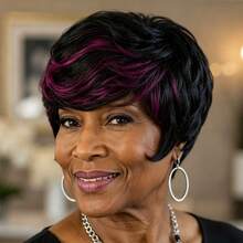 AMECIRE Human Hair Wigs Women's Straight Hair Wig Pixie Cut Wig Short Hair Wig With Red Bangs Fashionable Styling Suitable For All People - S1/99J - View 3