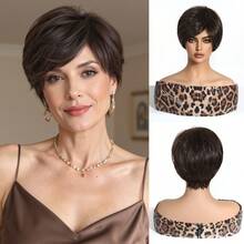 FIVE STARS 8 Inch Straight Bob Wig, Heat-Resistant Synthetic Fiber Layered Pixie Short Hair, Light Gray Gold Silver Highlighted Wig With Side Bangs, Natural Daily Women's Wig, Suitable For Party And Cosplay - Multicolor - View 13