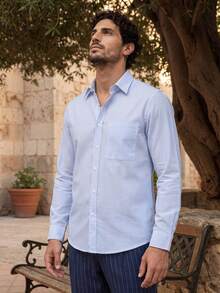 glestore Men's Vintage Casual Commute Minimalist Striped Long Sleeve Shirt, Suitable For All Seasons, Versatile Style - Blue and White - View 5