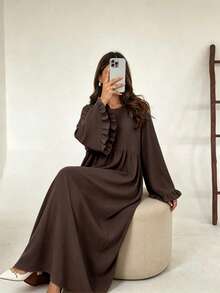 Conservative Abaya Long Dress With Ruffle Cuffs, Pleated Fabric Layered Waist Muslim Long Dress, Casual Islamic Clothing - Multicolor - View 22