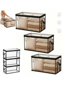Transparent PVC Clothing Storage Box With Reinforced Zipper And Side Handles, Stackable Wardrobe Storage Container, Foldable Wardrobe Storage Box For Storing Clothes, Towels, Books, Bedroom, Dorm, Apartment, Home Organization Back To School And Daily Home Storage Solution, Zipper Wardrobe Clothing Storage Box, Foldable Wardrobe Storage Organizer For Bedroom Dorm Apartment, Perfect Back To School And Home Gift - Multicolor - View 8