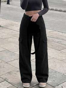 Women's Casual All-Match Mid-Rise Straight Leg Work Jeans Black - Black - View 2