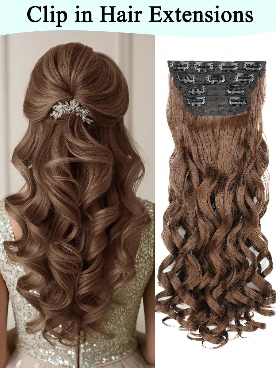 Clip In Hair Extensions, 20 Inch Long Wavy 4PCS Hair Extensions Natural Soft Synthetic Fiber High Temperature Heat Resistance Clip In Hairpieces For Women Weddings Party Daily Use - Brown - View 1