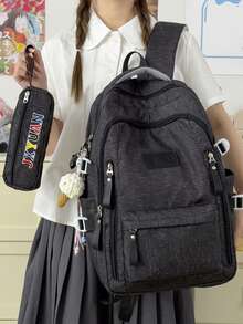 Fashion College Style Letter Embroidered Multi-Pocket Functional Backpack, Multi-Compartment Large Capacity Design, Books, Notebooks, Stationery Can Be Organized In Sections. Side Pockets Can Hold Water Bottles And Umbrellas, Wide Pressure-Relief Shoulder Straps, Comfortable For Long-Term Wear, Water-Resistant And Wear-Resistant Fabric. Suitable For School, Tutoring, Work Commute, Shopping, Travel And More, Perfect For Back To School Season - Multicolor - View 9