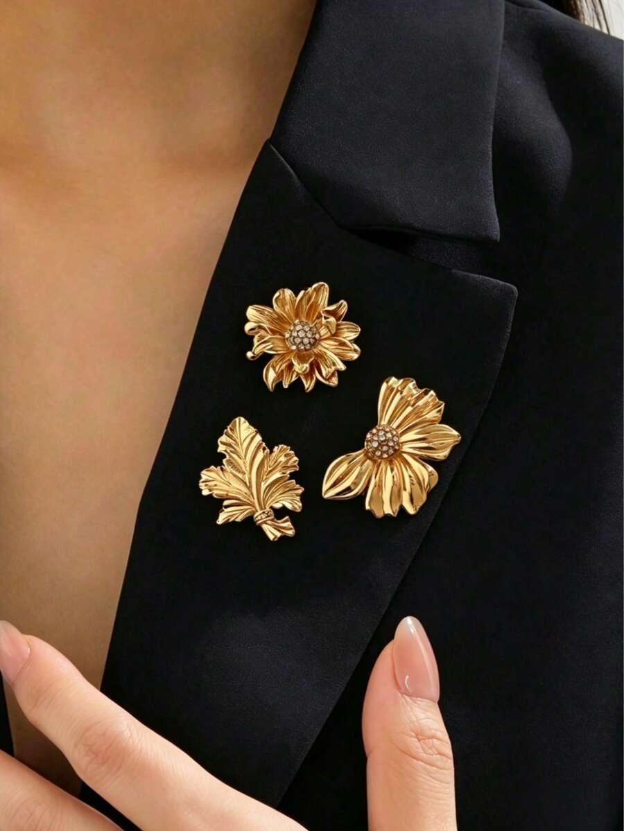3件時尚金屬風花朵胸針飾品 - 金色 - 查看 1
