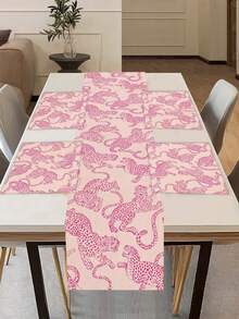 1pc Vintage Pink Line Drawing Leopard Pattern Printed Linen Table Runner, Placemat, Suitable For Holiday, Party, Birthday, Dinner, Kitchen Dining Table Decoration, Shoe Cabinet Storage Cabinet Cover, All Season Room Decor, Home Textile Decoration Table Runner, Placemat - Multicolor - View 3