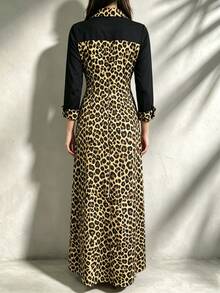 Women's Elegant Solid Color + Leopard Print Patchwork Design Dress - Black - View 3